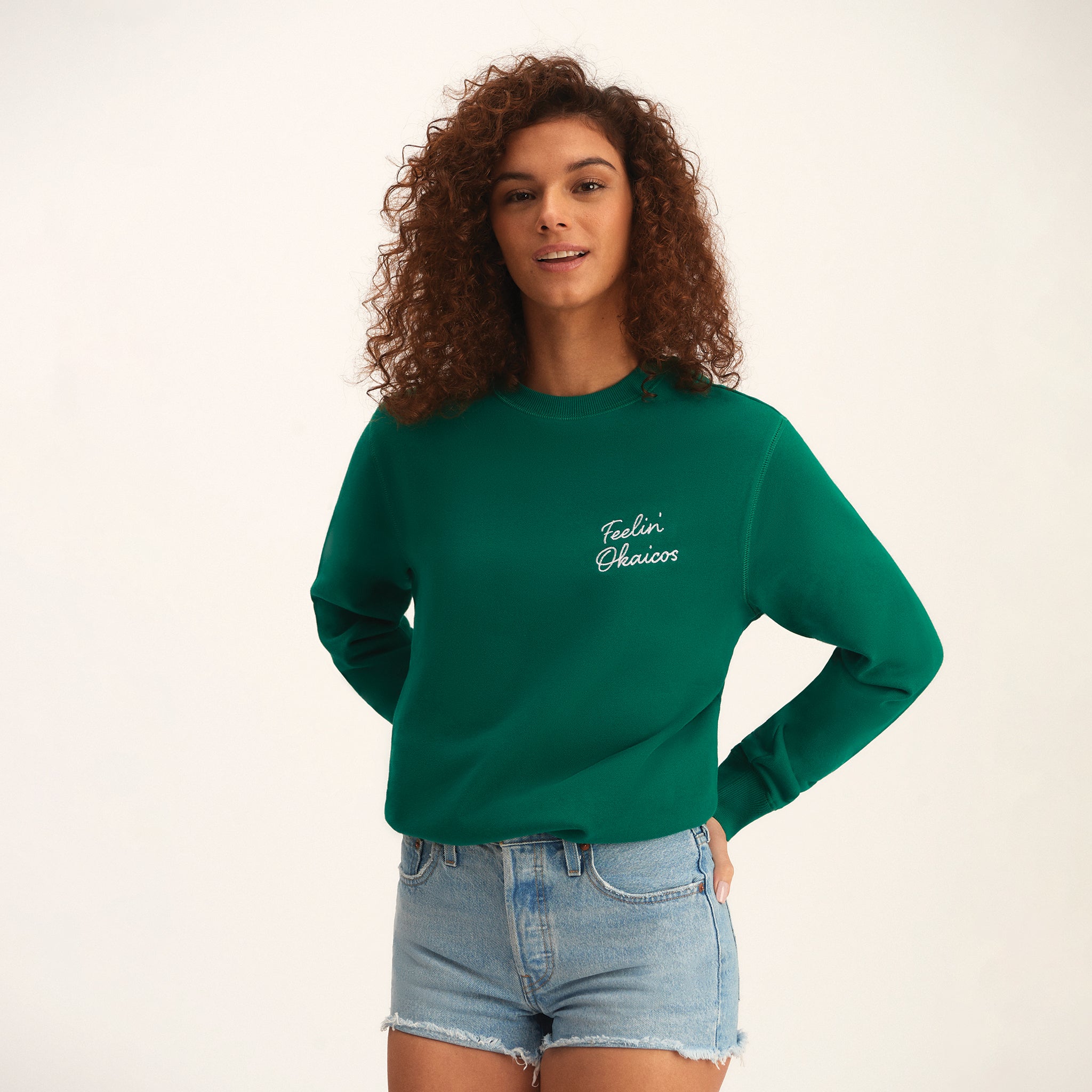 OKAICOS Green Chain Stitch Embroidered Crewneck Cotton Sweatshirt Embroidered Feelin OKAICOS Front