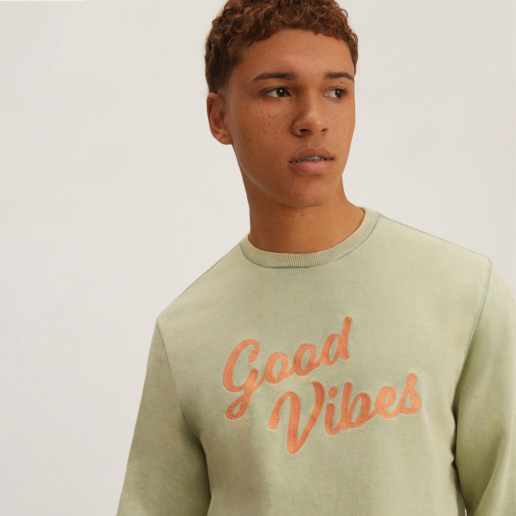 Green Chain Stitch Embroidered Crewneck Cotton Sweatshirt Embroidered Good Vibes Close Up