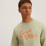 Green Chain Stitch Embroidered Crewneck Cotton Sweatshirt Embroidered Good Vibes Close Up