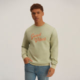 Green Chain Stitch Embroidered Crewneck Cotton Sweatshirt Embroidered Good Vibes Front