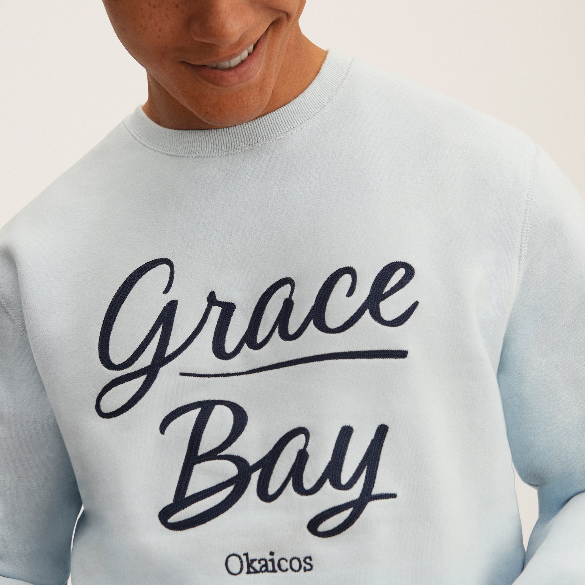 Baby Blue Chain Stitch Embroidered Crewneck Cotton Sweatshirt Embroidered Grace Bay Close Up