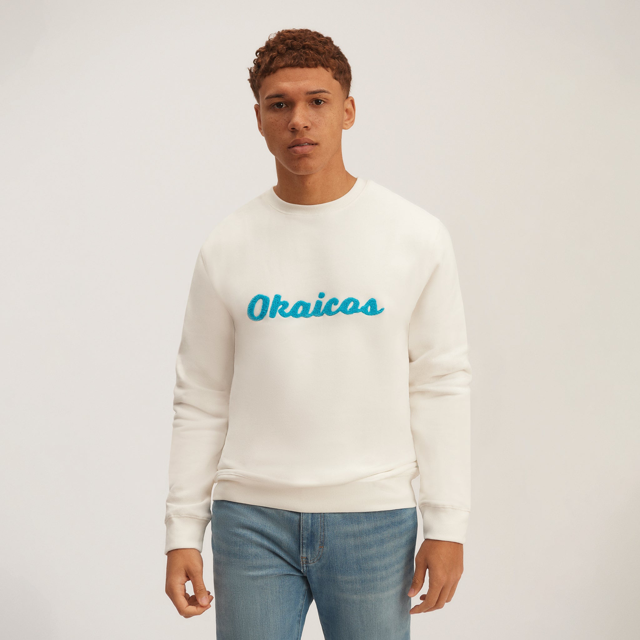 OKAICOS Crewneck Teal Chenille Okaicos White Front