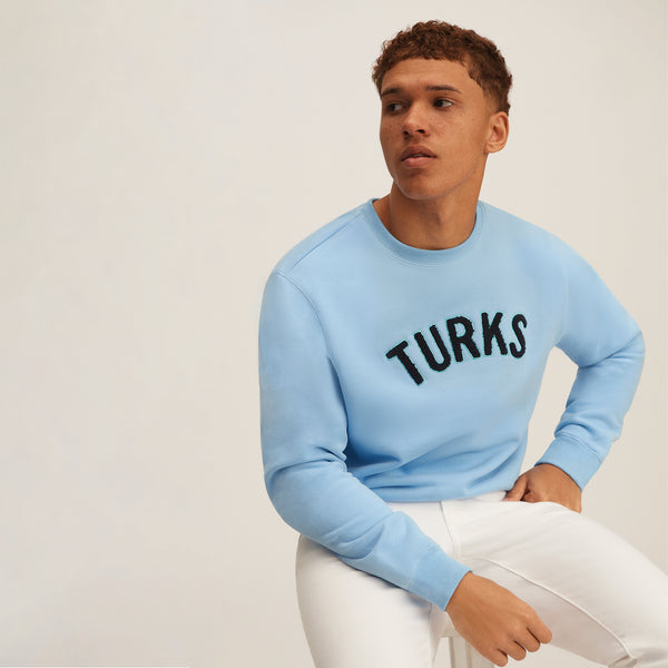 Baby Blue Chenille Embroidered Crewneck Cotton Sweatshirt Embroidered Turks And Caicos Close Up