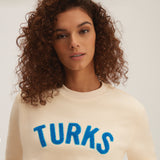 Tan Chenille Embroidered Crewneck Cotton Sweatshirt Turks Embroidered Close Up