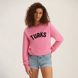 OKAICOS Hot Pink Chenille Embroidered Crewneck Cotton Sweatshirt Embroidered Turks And Caicos Front