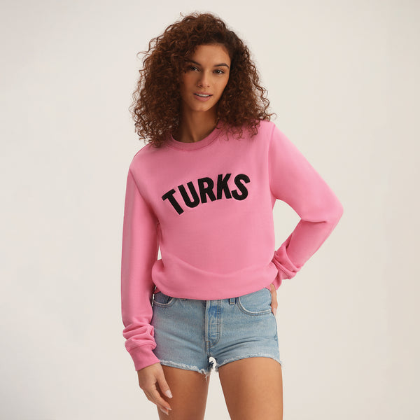 OKAICOS Hot Pink Chenille Embroidered Crewneck Cotton Sweatshirt Embroidered Turks And Caicos Front