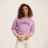 OKAICOS Purple Chenille Embroidered Crop Top Cotton Sweatshirt Embroidered Turks And Caicos Front