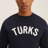 OKAICOS Navy Chenille Embroidered Crewneck Cotton Sweatshirt Embroidered Turks And Caicos Close Up