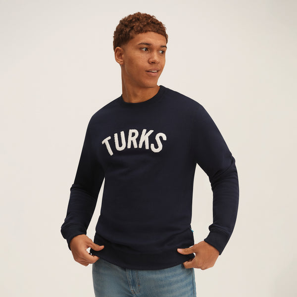 OKAICOS Navy Chenille Embroidered Crewneck Cotton Sweatshirt Embroidered Turks And Caicos Front