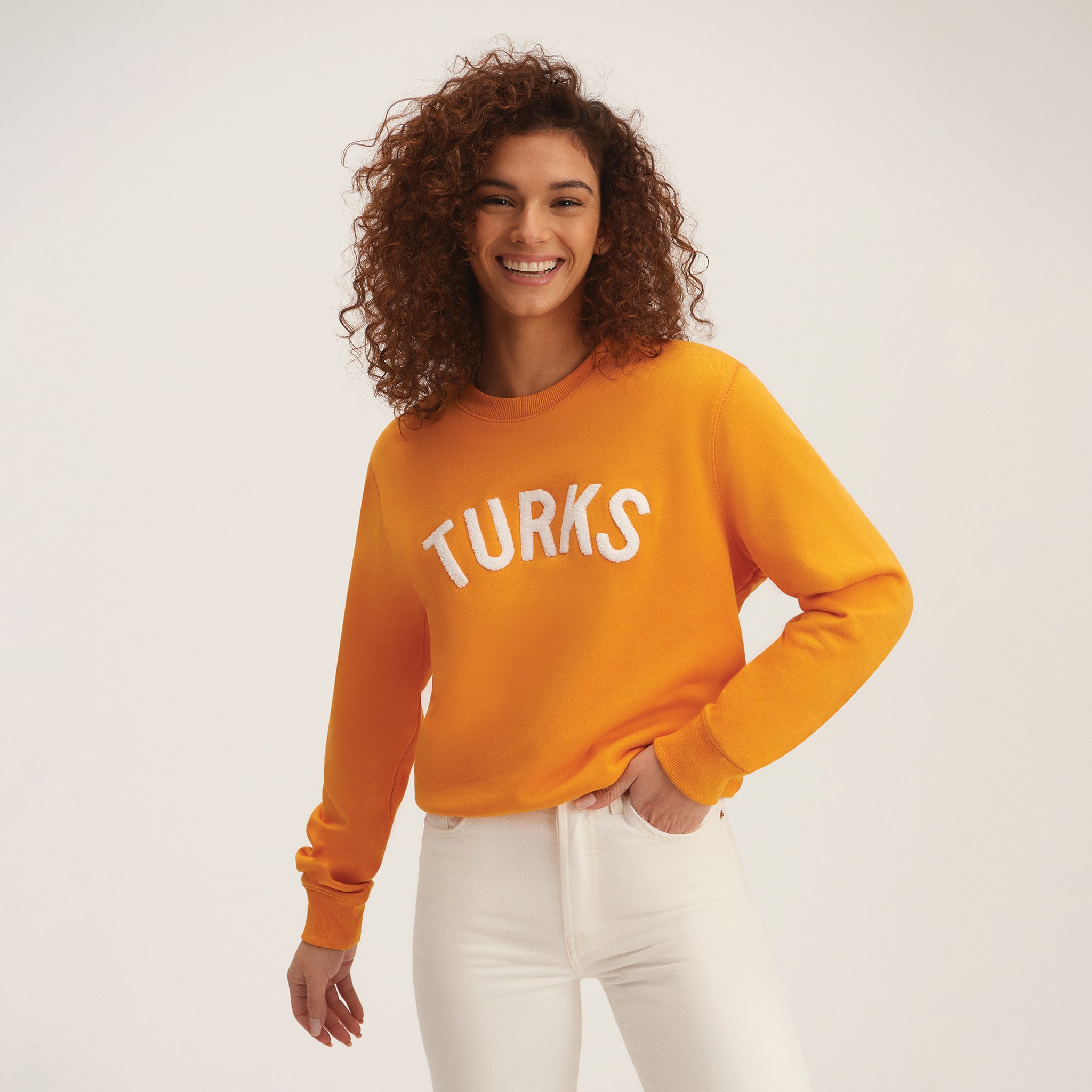 OKAICOS Orange Chenille Embroidered Crewneck Cotton Sweatshirt Embroidered Turks And Caicos Front