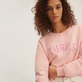 Pink Chenille Embroidered Crewneck Cotton Sweatshirt Embroidered Turks And Caicos Crop Top Close Up