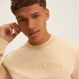 Tan Embroidered Crewneck Cotton Sweatshirt Embroidered Turks And Caicos Close Up