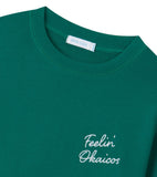 OKAICOS Green Chain Stitch Embroidered Crewneck Cotton Sweatshirt Embroidered Feelin OKAICOS Flat Lay Close Up