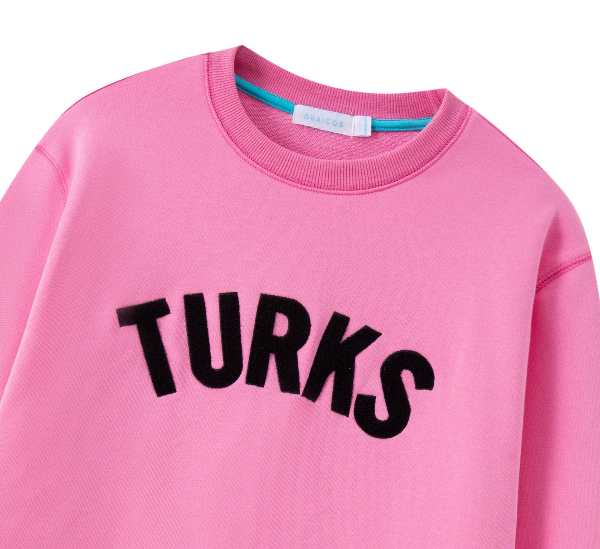 OKAICOS Hot Pink Chenille Embroidered Crewneck Cotton Sweatshirt Embroidered Turks And Caicos Close Up