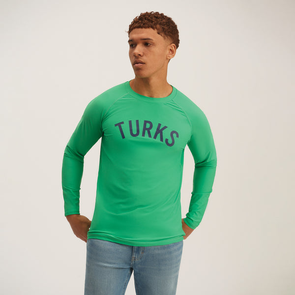 OKAICOS Green Sun Shirt Teal Turks and Caicos Print UPF40 Front