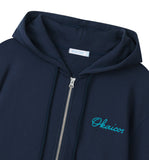 OKAICOS Navy Embroidered Zip Up Hoodie Sweatshirt Embroidered Turks And Caicos Close Up