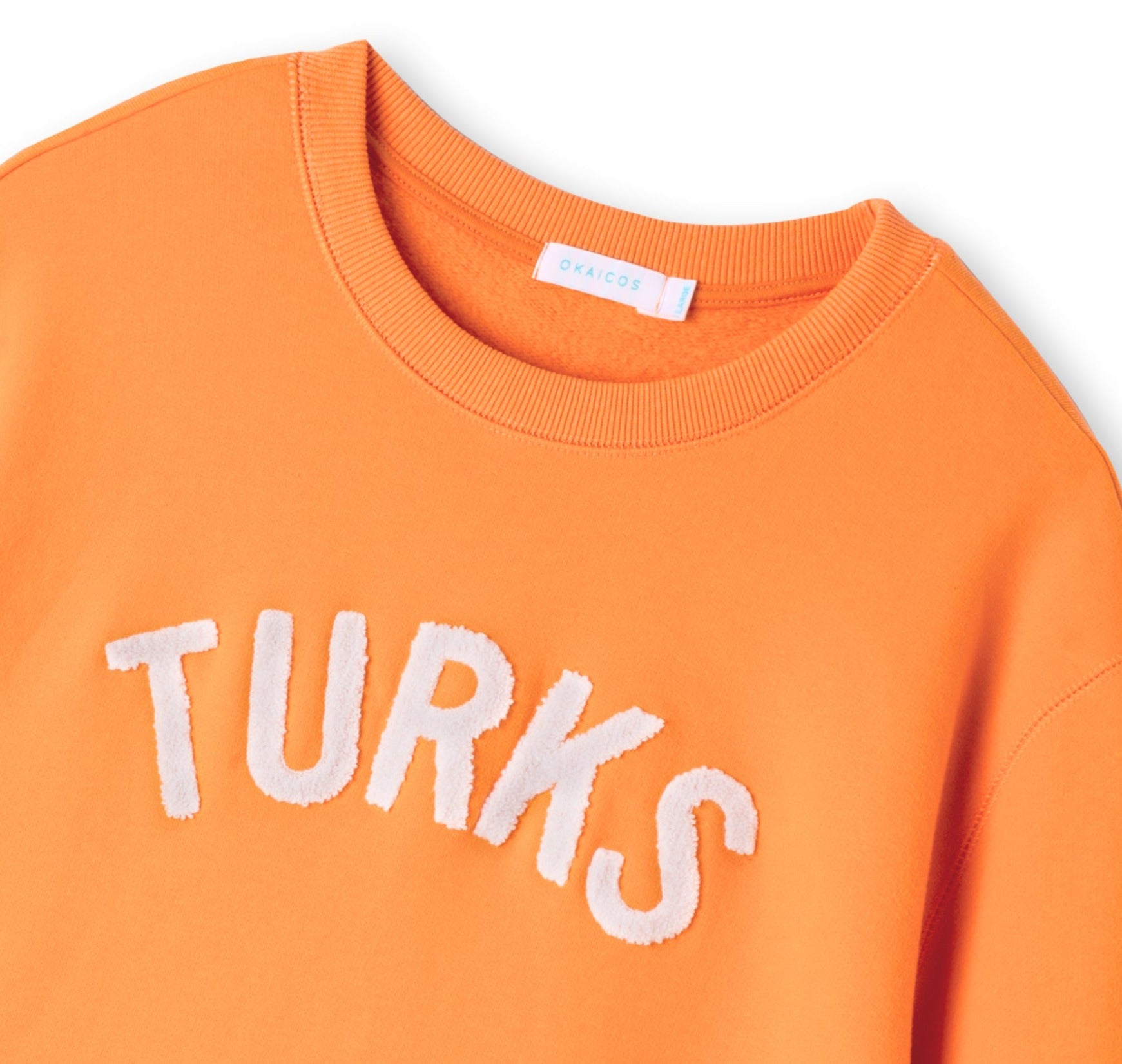 OKAICOS Orange Chenille Embroidered Crewneck Cotton Sweatshirt Embroidered Turks And Caicos Close Up