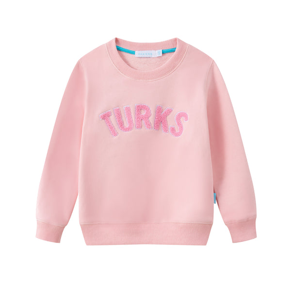 OKAICOS Pink Chenille Embroidered Kids Crewneck Cotton Sweatshirt Embroidered Turks And Caicos Flatlay
