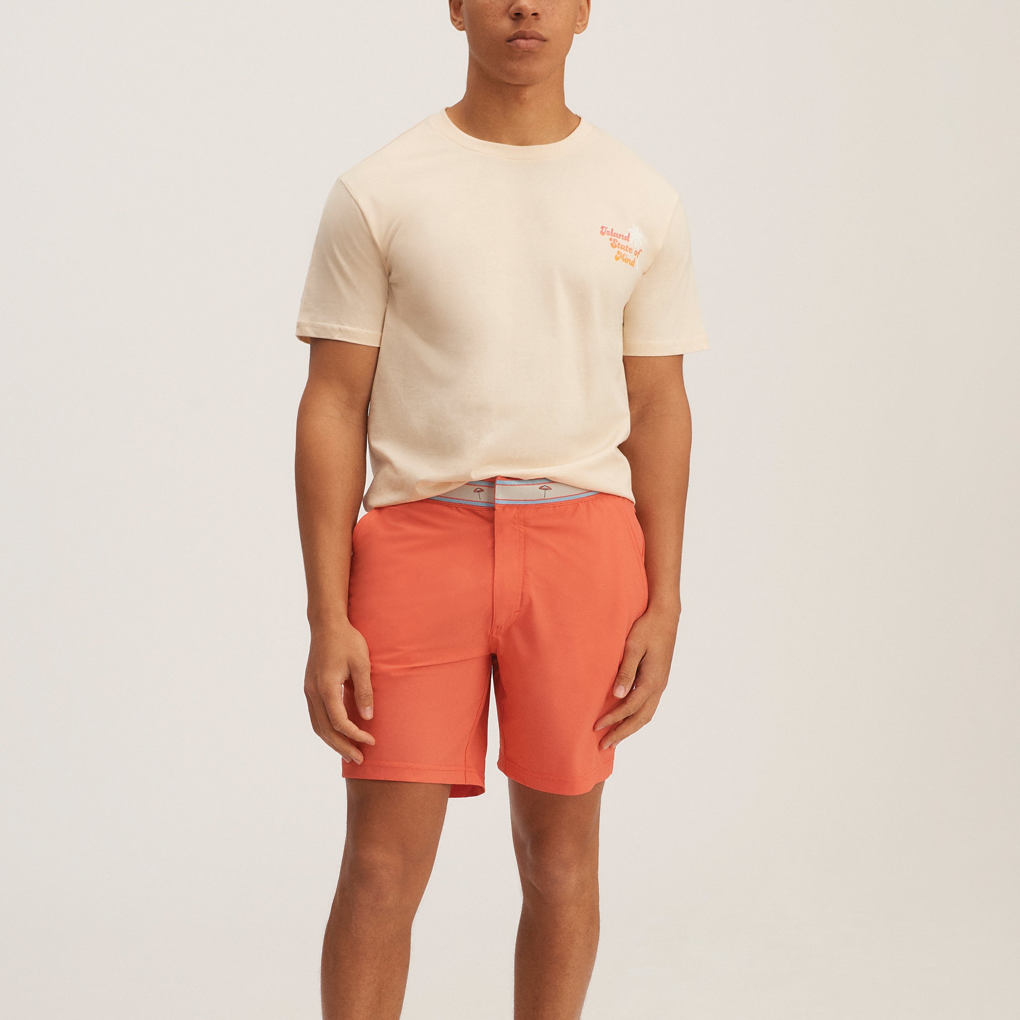OKAICOS Coral Turks & Caicos Umbrella Athletic Mens Swim Trunk Board Short Front