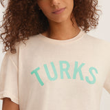 OKAICOS Tan Lightweight Breathable T-Shirt Teal Turks and Caicos Vintage Print Close Up