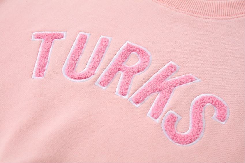 Pink Chenille Embroidered Crew Neck Cotton Sweatshirt Embroidered Turks And Caicos Crop Top Close Up