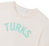 OKAICOS Tan Lightweight Breathable T-Shirt Teal Turks and Caicos Vintage Print Flat Lay Close Up