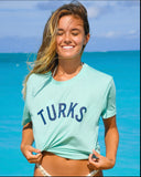 OKAICOS Teal Lightweight Breathable TShirt Navy Turks Vintage Print Turks and Caicos Model