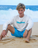 White Chenille Embroidered Crewneck Cotton Sweatshirt Embroidered Hawaii Beach Waves
