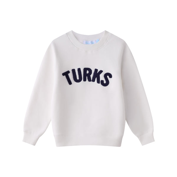 White Chenille Embroidered Kids Crewneck Cotton Sweatshirt Embroidered Turks And Caicos Flatlay