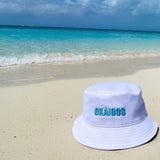 White Bucket Hat OKAICOS Teal Embroidery Turks And Caicos